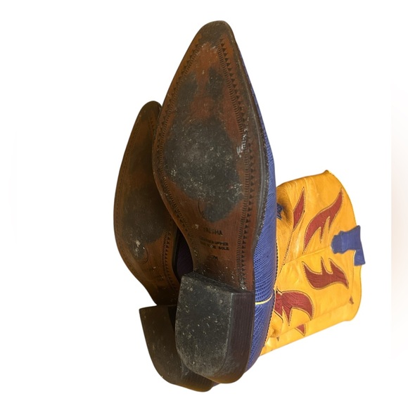 Rare 90s Hunt Club "Trisha" Leather Flame Cowboy Boots Blue Yellow Size 7M VTG - Picture 7 of 13
